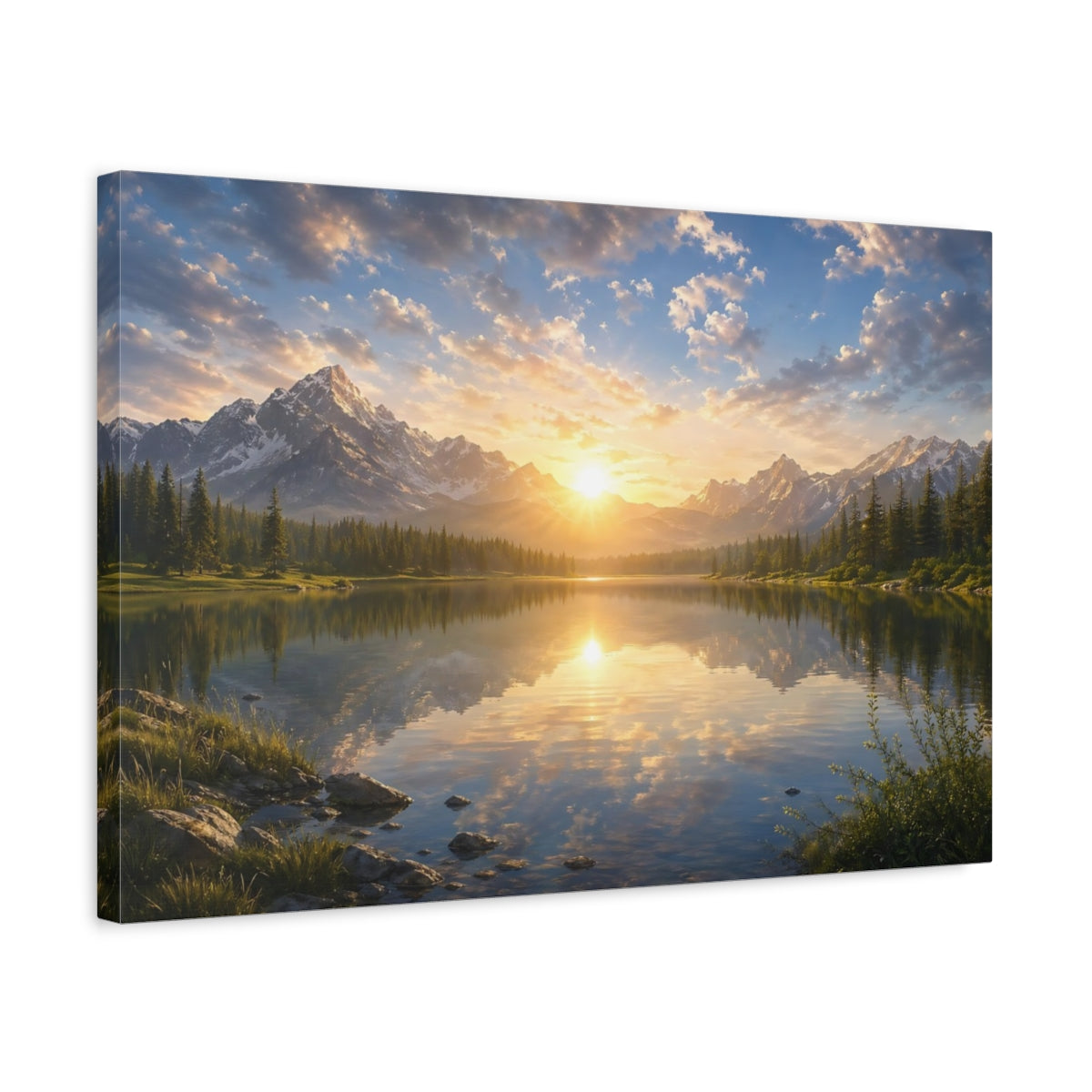 Side Mockup 3. Nature Mountain Lake Mountain Lake Sunset shown as stretched canvas wall art
