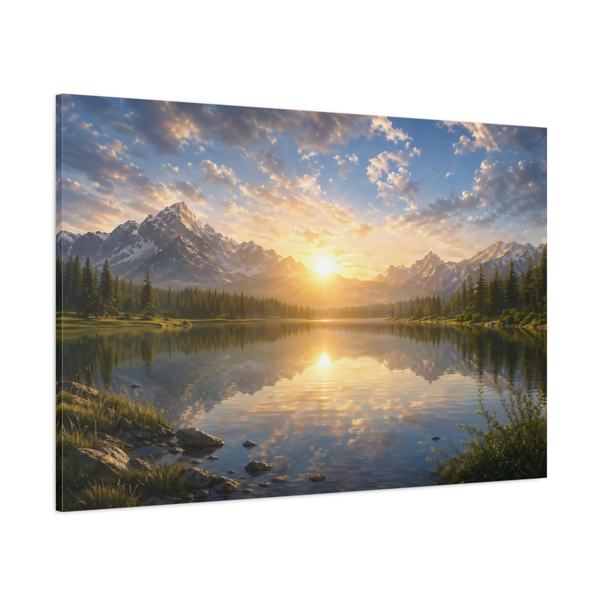 Side Mockup 1. Nature Mountain Lake Mountain Lake Sunset shown as stretched canvas wall art