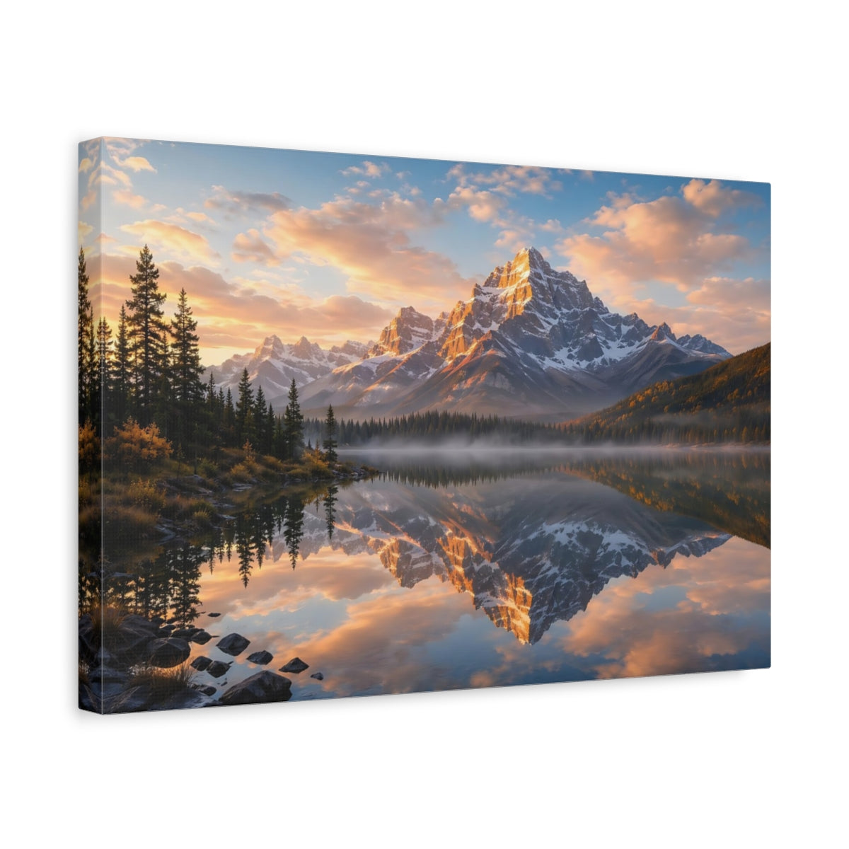 Side Mockup 4. Nature Mountain Lake Mountain Sunset shown as stretched canvas wall art