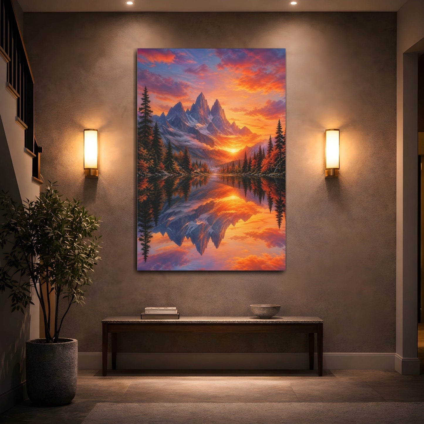 Nature Mountain Lake Sunset Canvas Wall Art Print – realistic Living Room, Above Console Table - YesArtYes