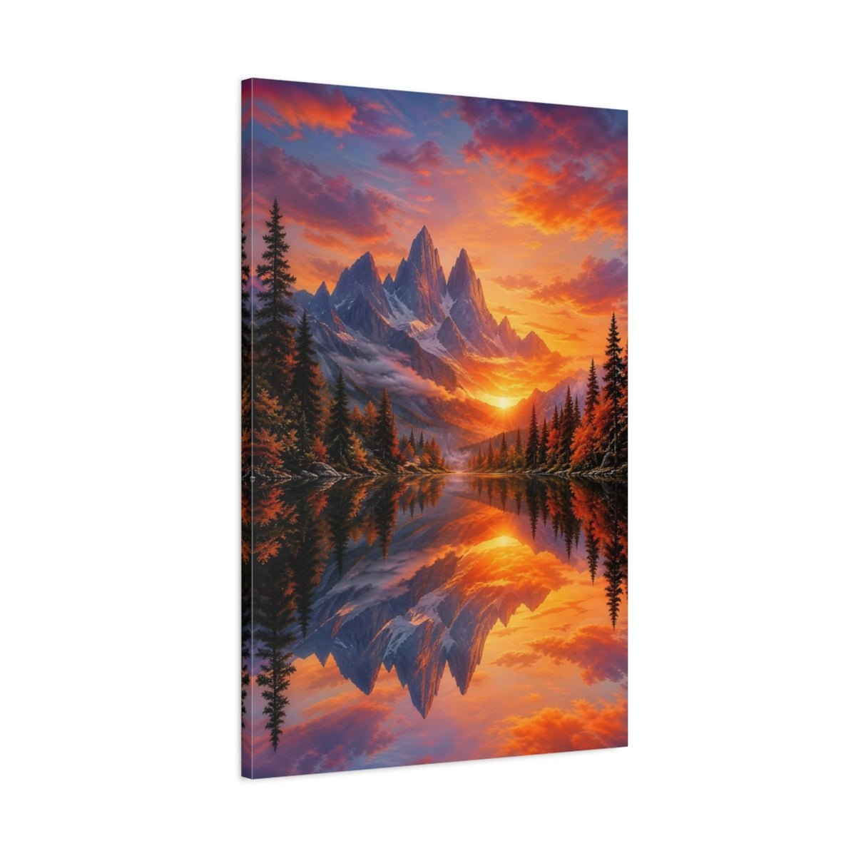 Nature Mountain Lake Sunset Canvas Wall Art Print – realistic Living Room, Above Console Table - YesArtYes