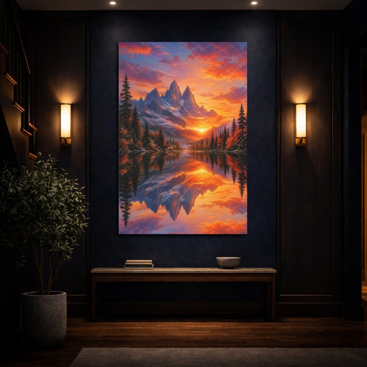 Nature Mountain Lake Sunset Canvas Wall Art Print – realistic Living Room, Above Console Table - YesArtYes