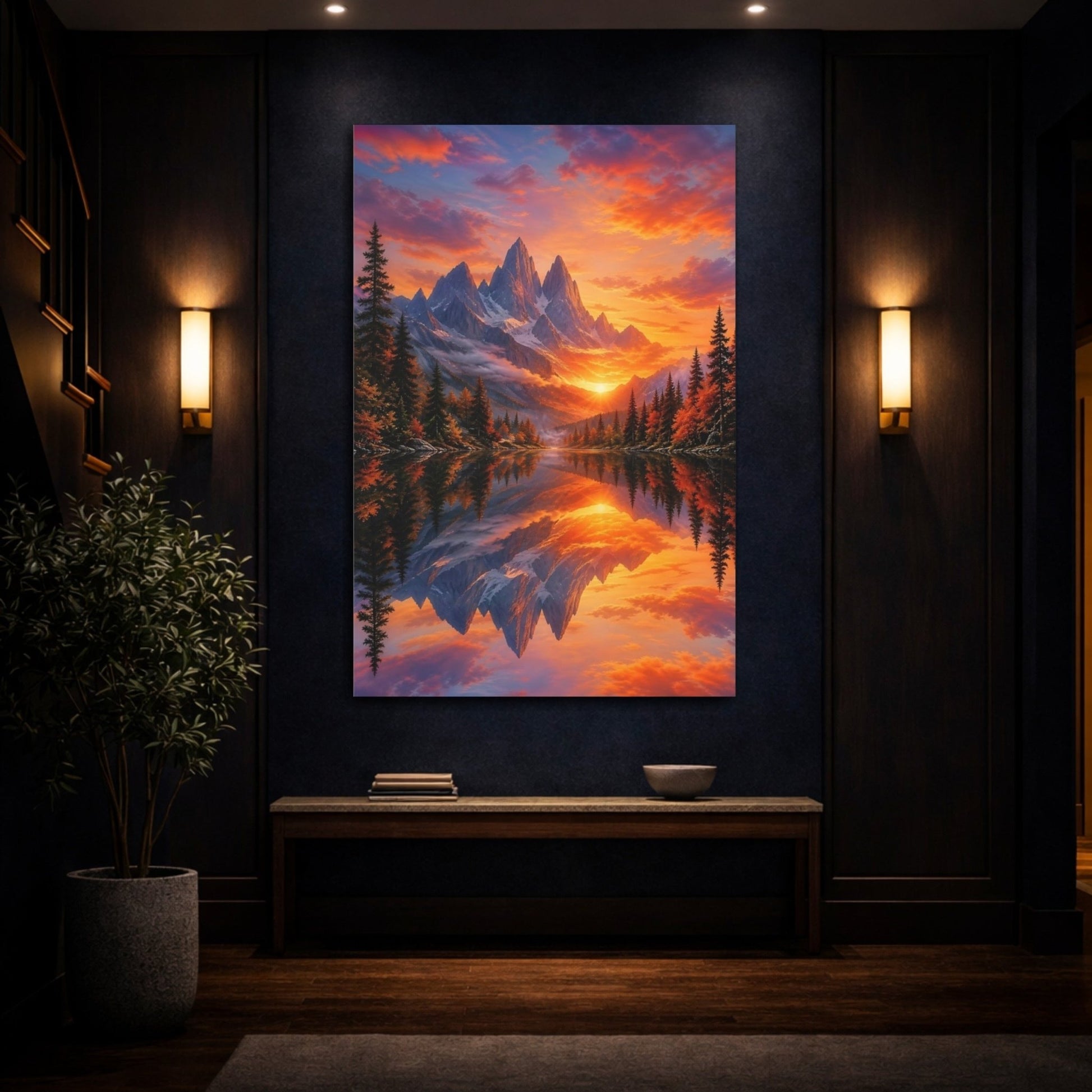 Nature Mountain Lake Sunset Canvas Wall Art Print – realistic Living Room, Above Console Table - YesArtYes