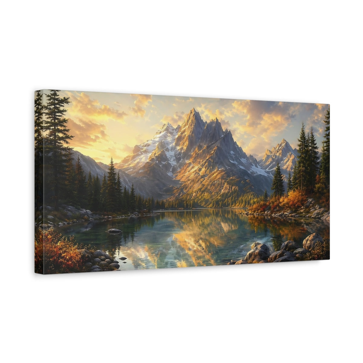 Side Mockup 3. Nature Mountain Lake Mountain Lake Sunset shown as stretched canvas wall art