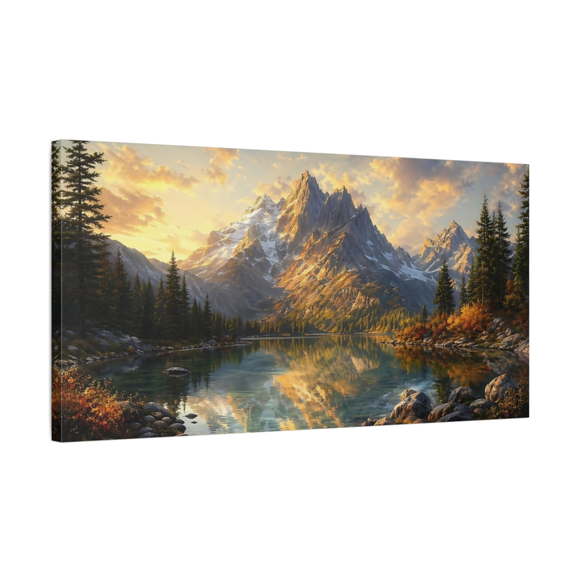 Side Mockup 1. Nature Mountain Lake Mountain Lake Sunset shown as stretched canvas wall art