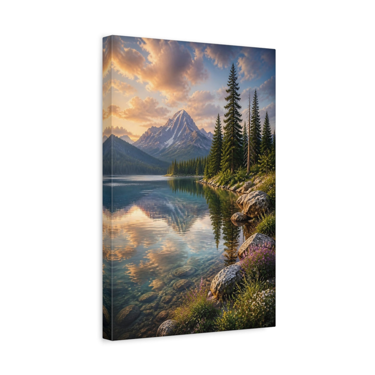 Side Mockup 4. Nature Mountain Lake Mountain Lake Sunset shown as stretched canvas wall art
