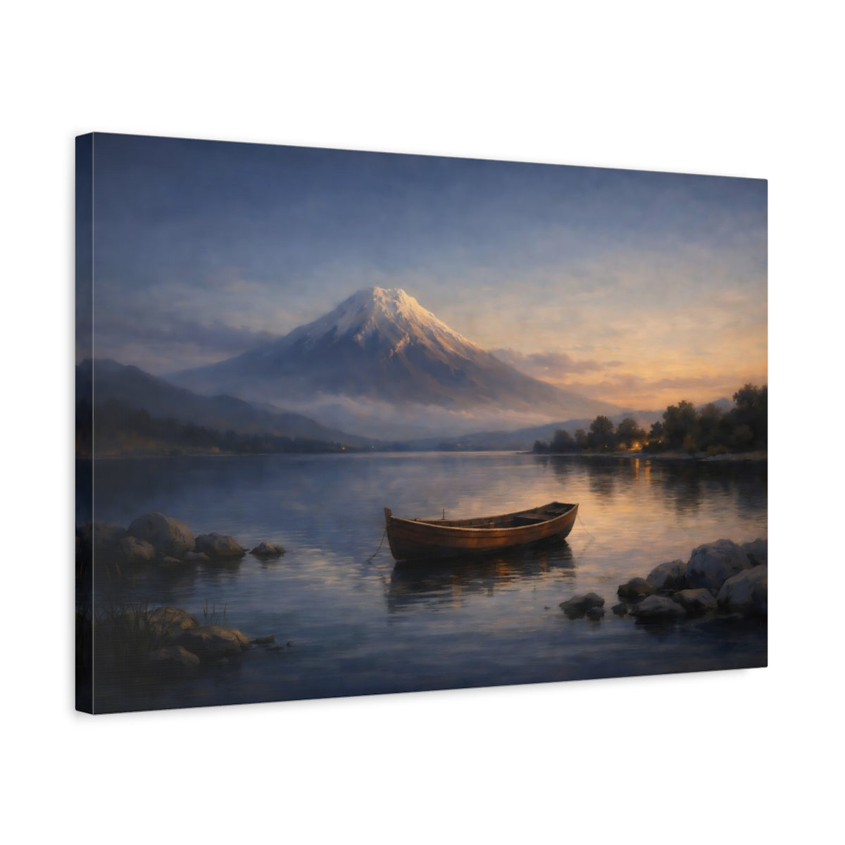 Side Mockup 3. Nature Mountain Lake Mountain Lake Sunset shown as stretched canvas wall art