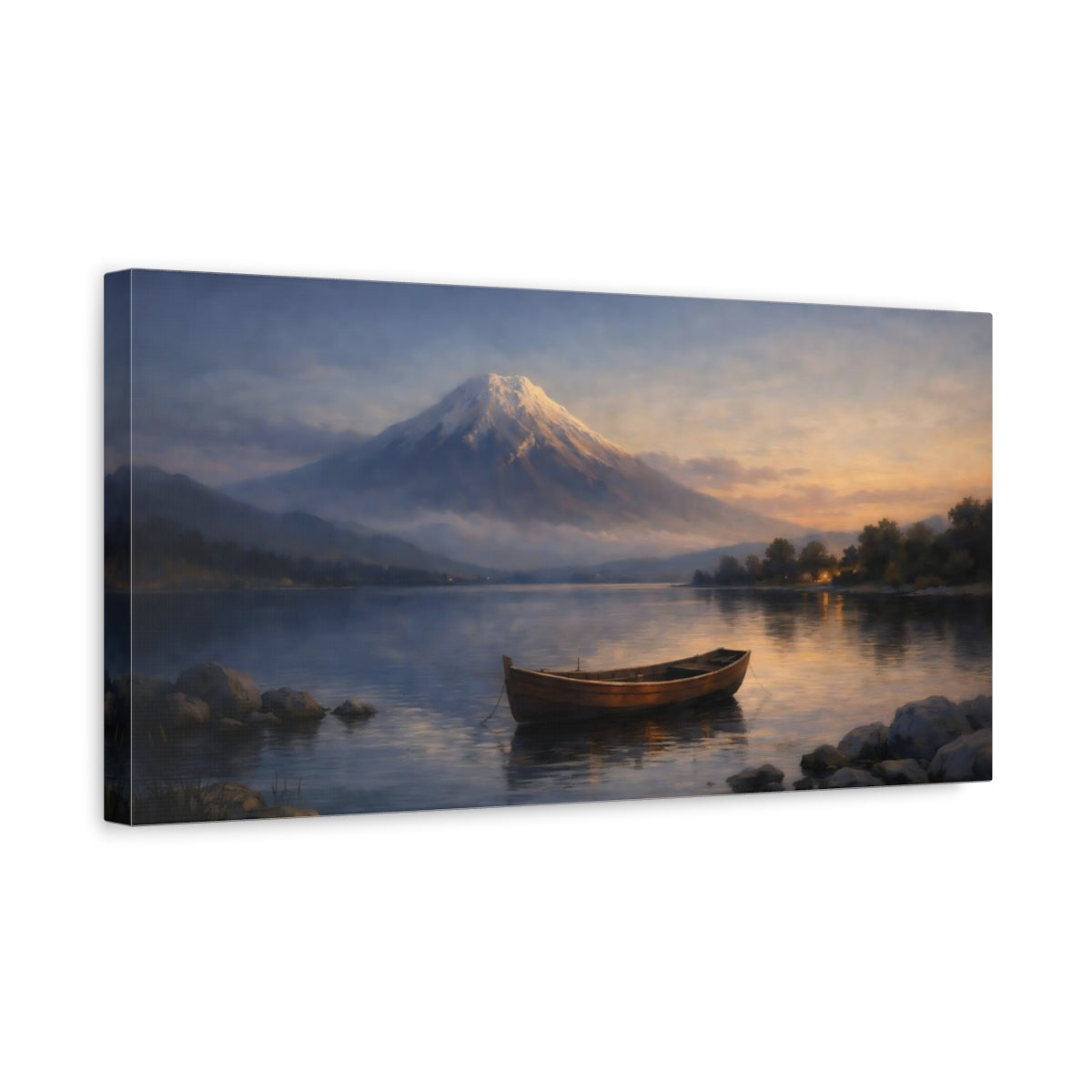 Side Mockup 3. Nature Mountain Lake Mountain Lake Sunset shown as stretched canvas wall art