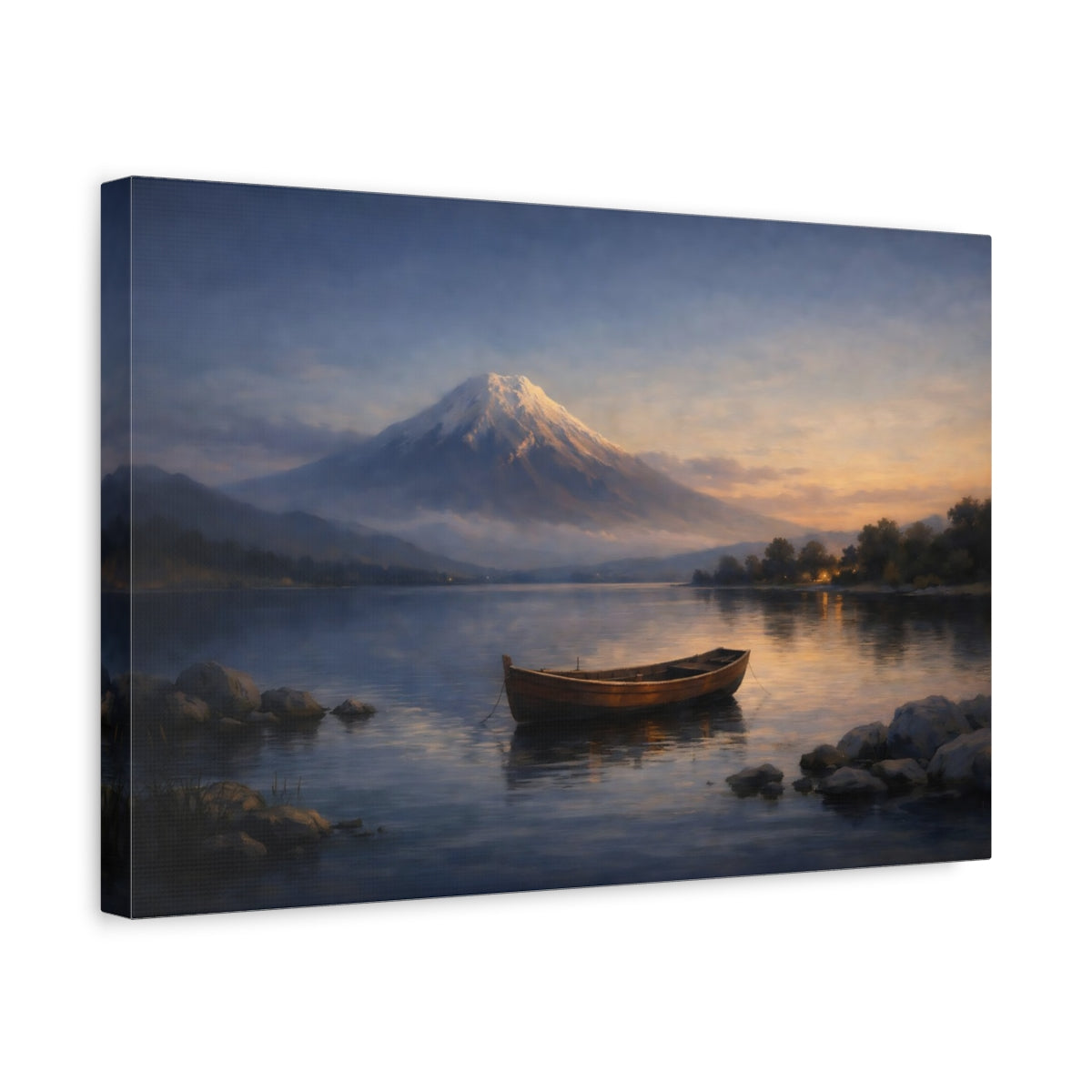 Side Mockup 4. Nature Mountain Lake Mountain Lake Sunset shown as stretched canvas wall art