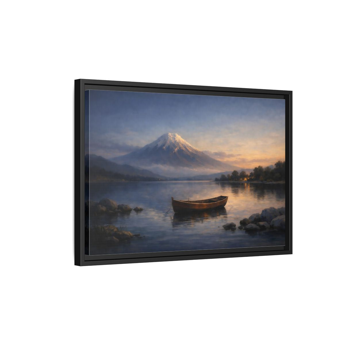 Side Mockup 3. Nature Mountain Lake Lake Mountain Sunset shown as stretched canvas wall art