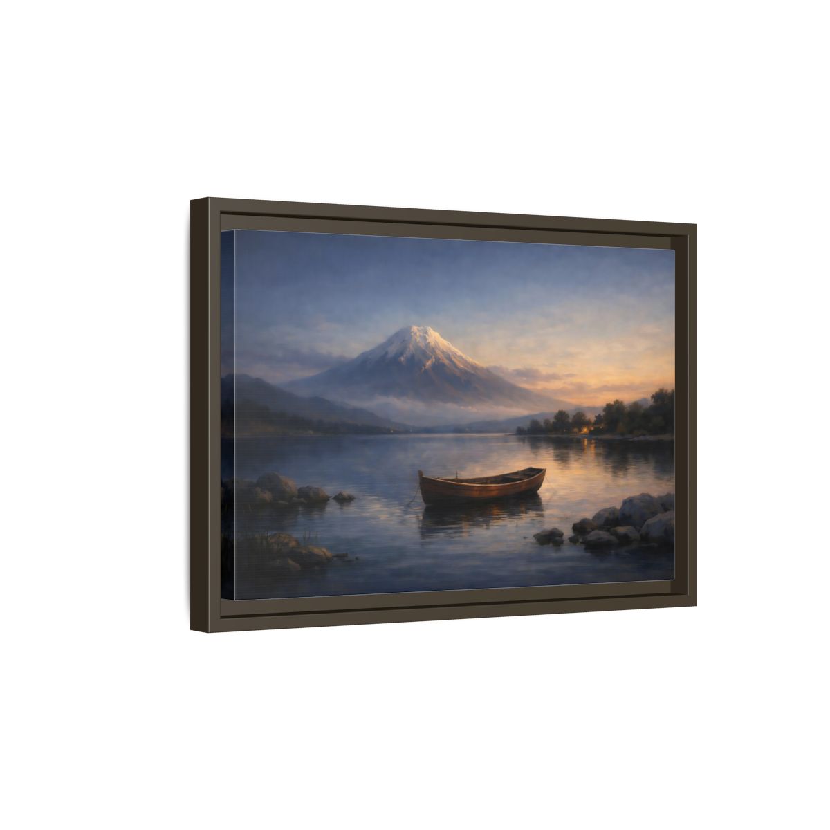 Side Mockup 5. Nature Mountain Lake Lake Mountain Sunset shown as stretched canvas wall art