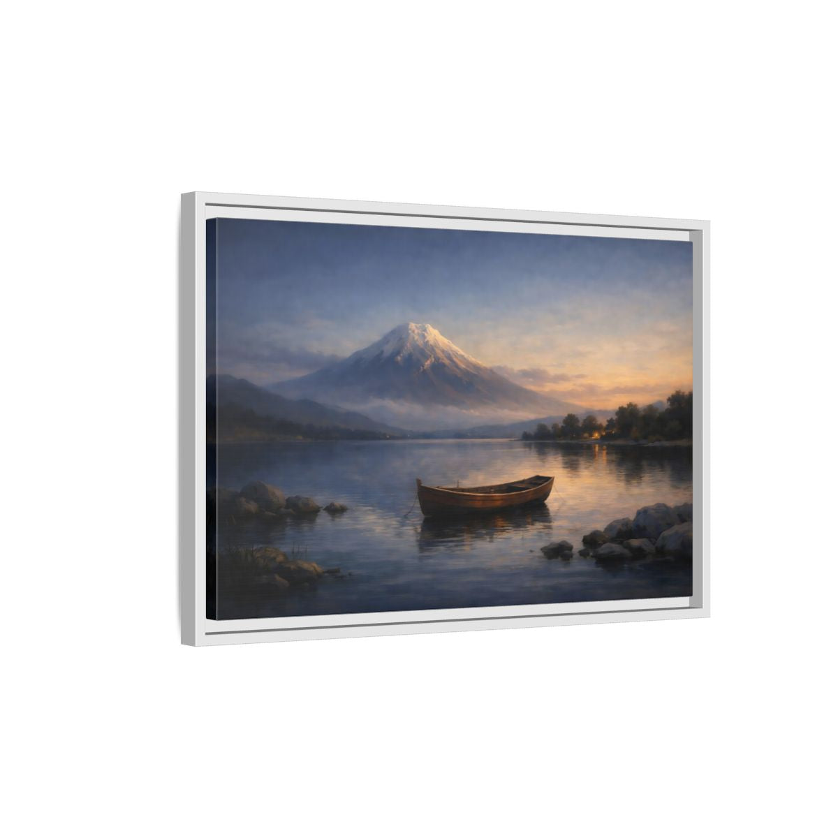 Side Mockup 1. Nature Mountain Lake Lake Mountain Sunset shown as stretched canvas wall art