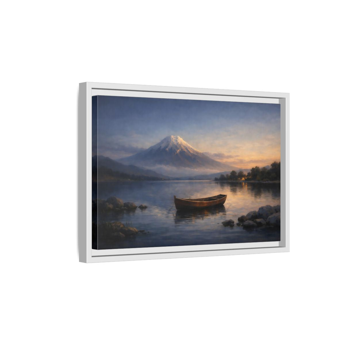 Side Mockup 4. Nature Mountain Lake Lake Mountain Sunset shown as stretched canvas wall art