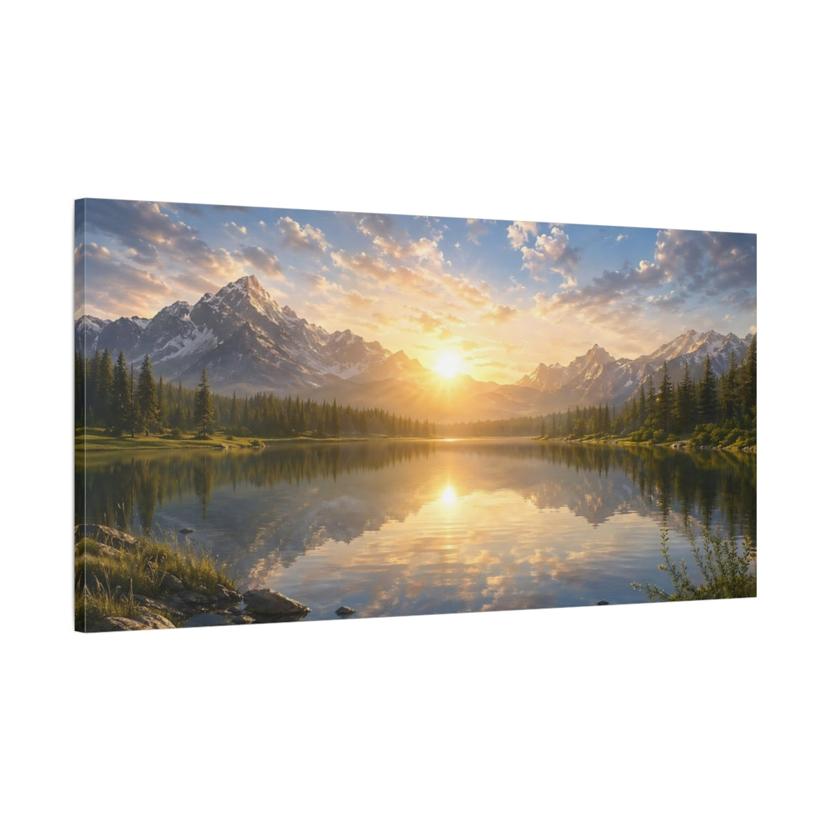 Main Mockup. Nature Mountain Lake Sunset Lake Mountain shown as stretched canvas wall art