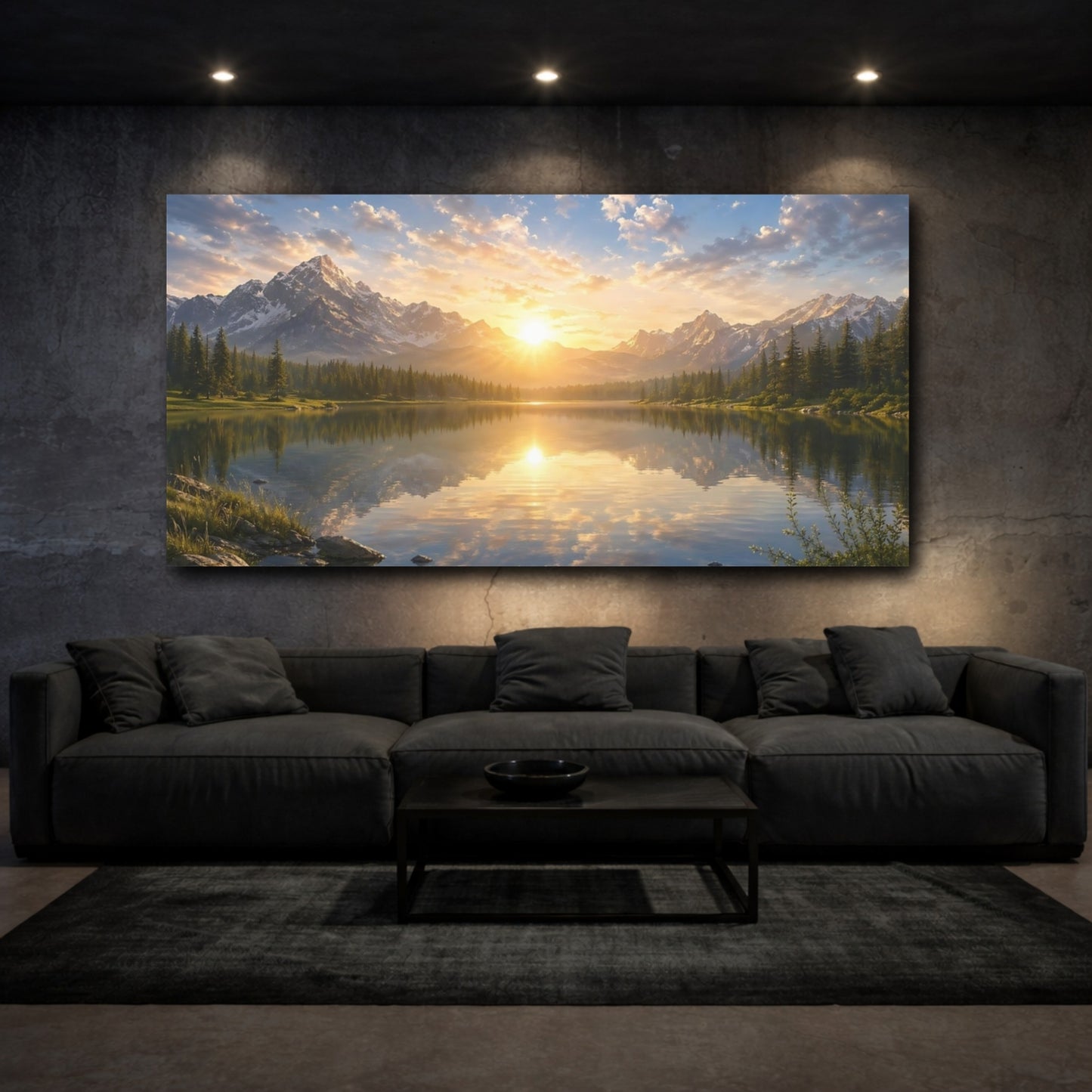 Mockup 2. Nature Mountain Lake Sunset Lake Mountain shown as stretched canvas wall art