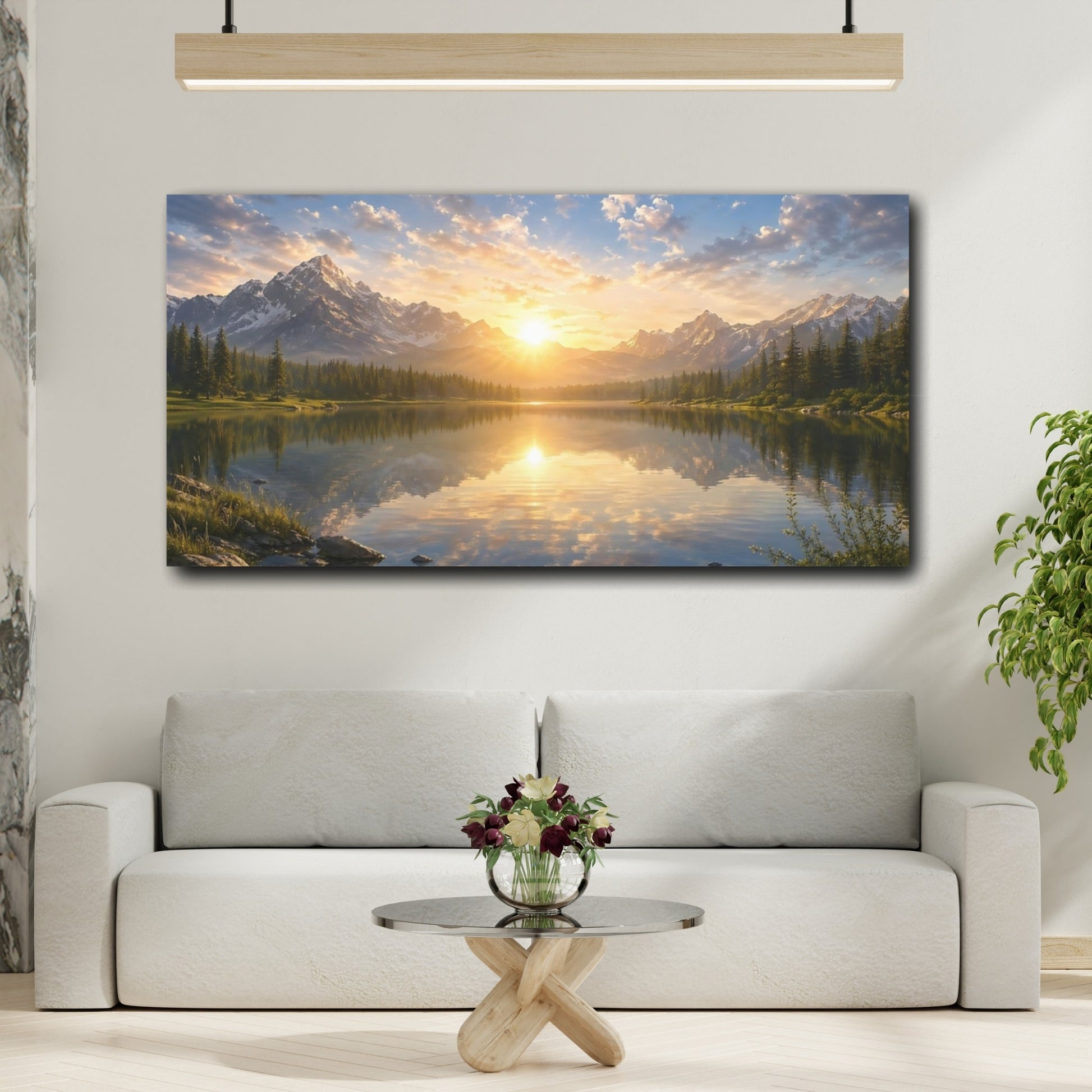 Mockup 3. Nature Mountain Lake Sunset Lake Mountain shown as stretched canvas wall art