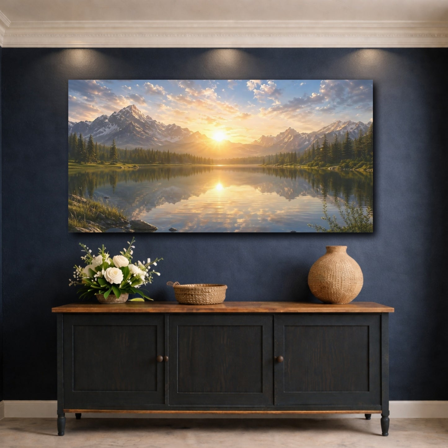 Mockup 4. Nature Mountain Lake Sunset Lake Mountain shown as stretched canvas wall art