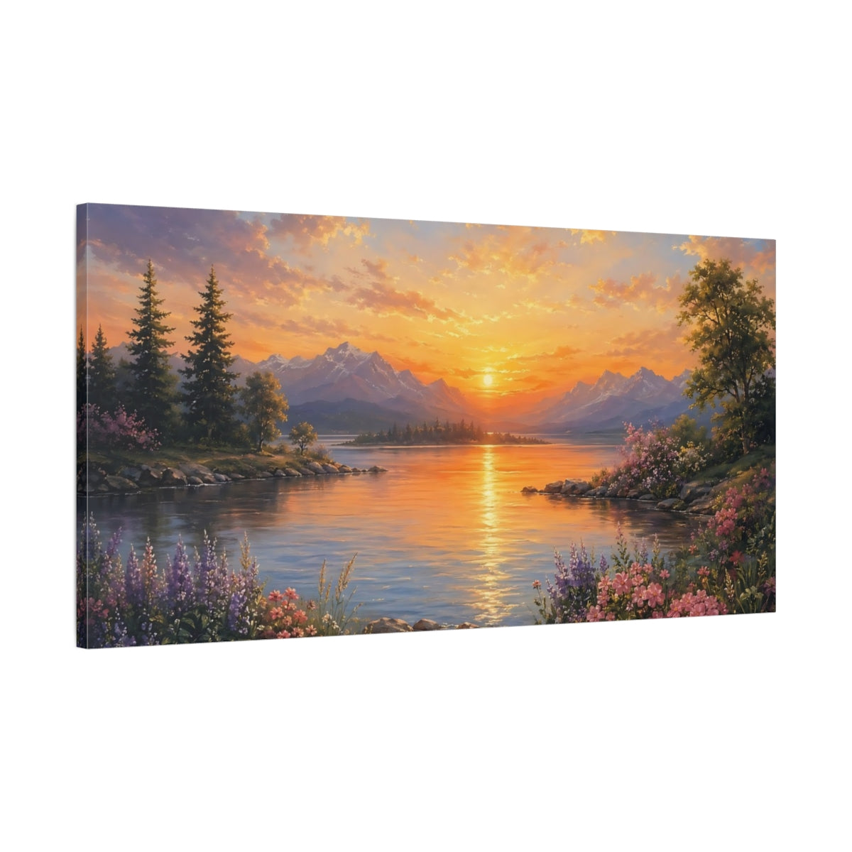 Main Mockup. Nature Mountain Lake Sunset Landscape shown as stretched canvas wall art