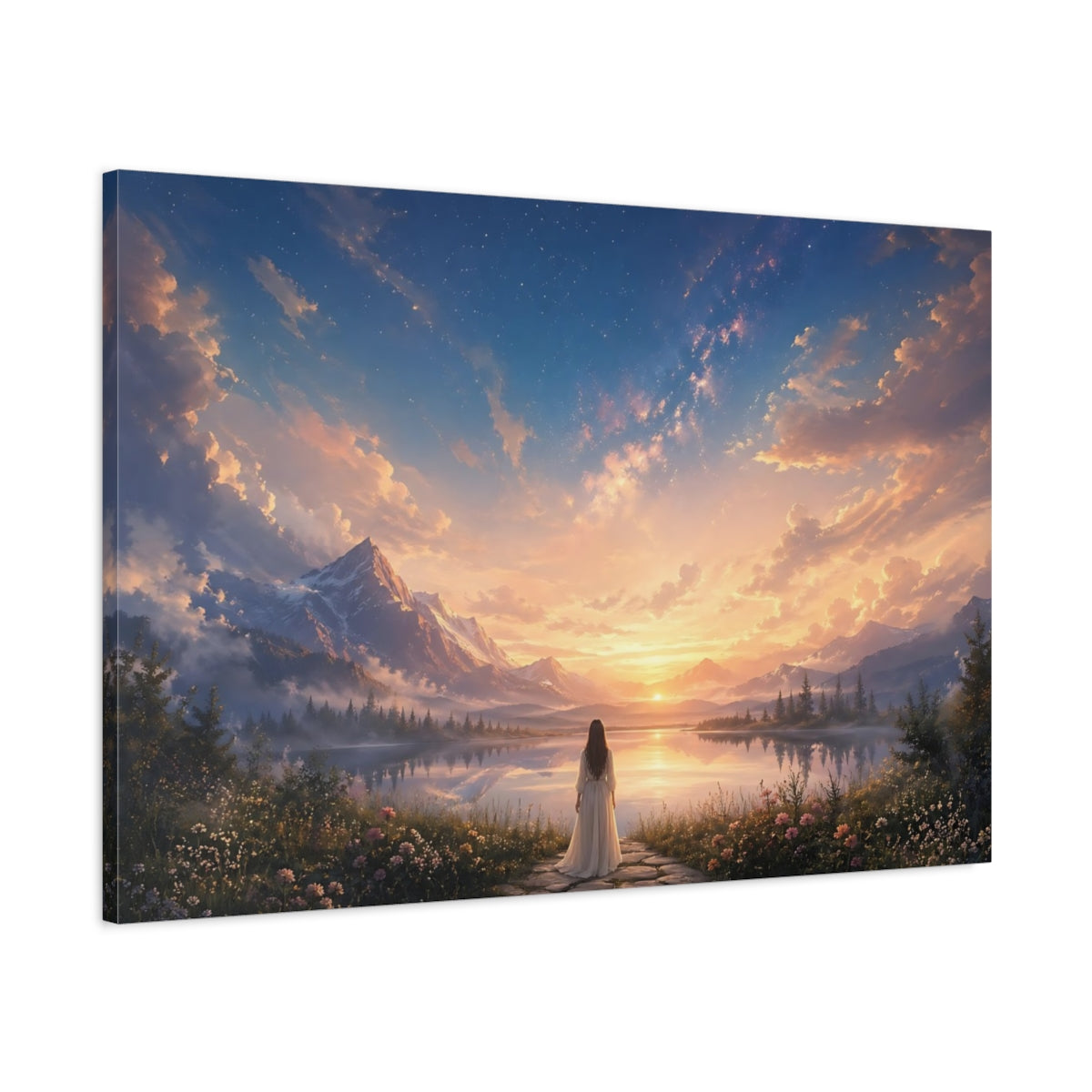 Main Mockup. Nature Mountain Lake Sunset Landscape shown as stretched canvas wall art