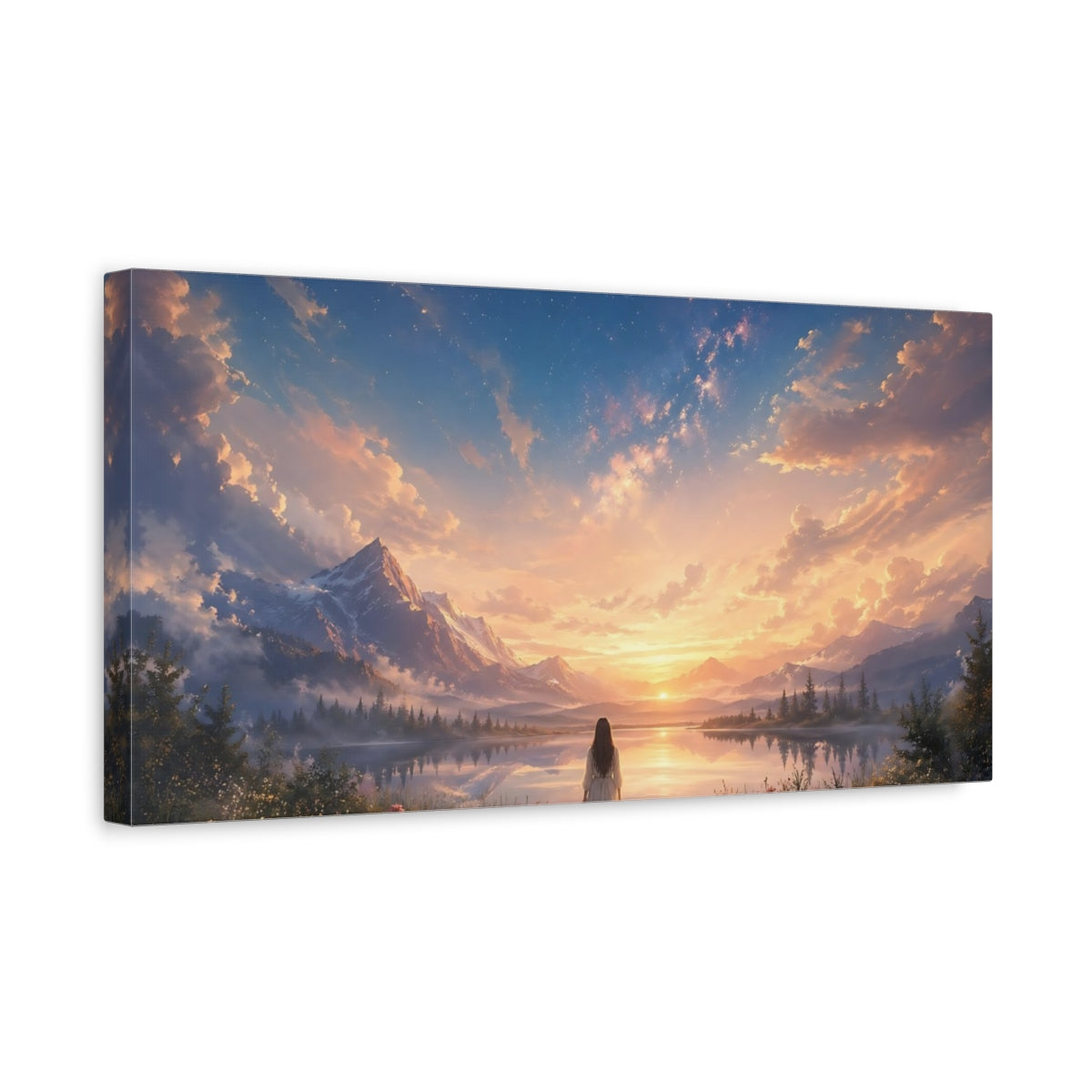Side Mockup 3. Nature Mountain Lake Sunset Landscape shown as stretched canvas wall art