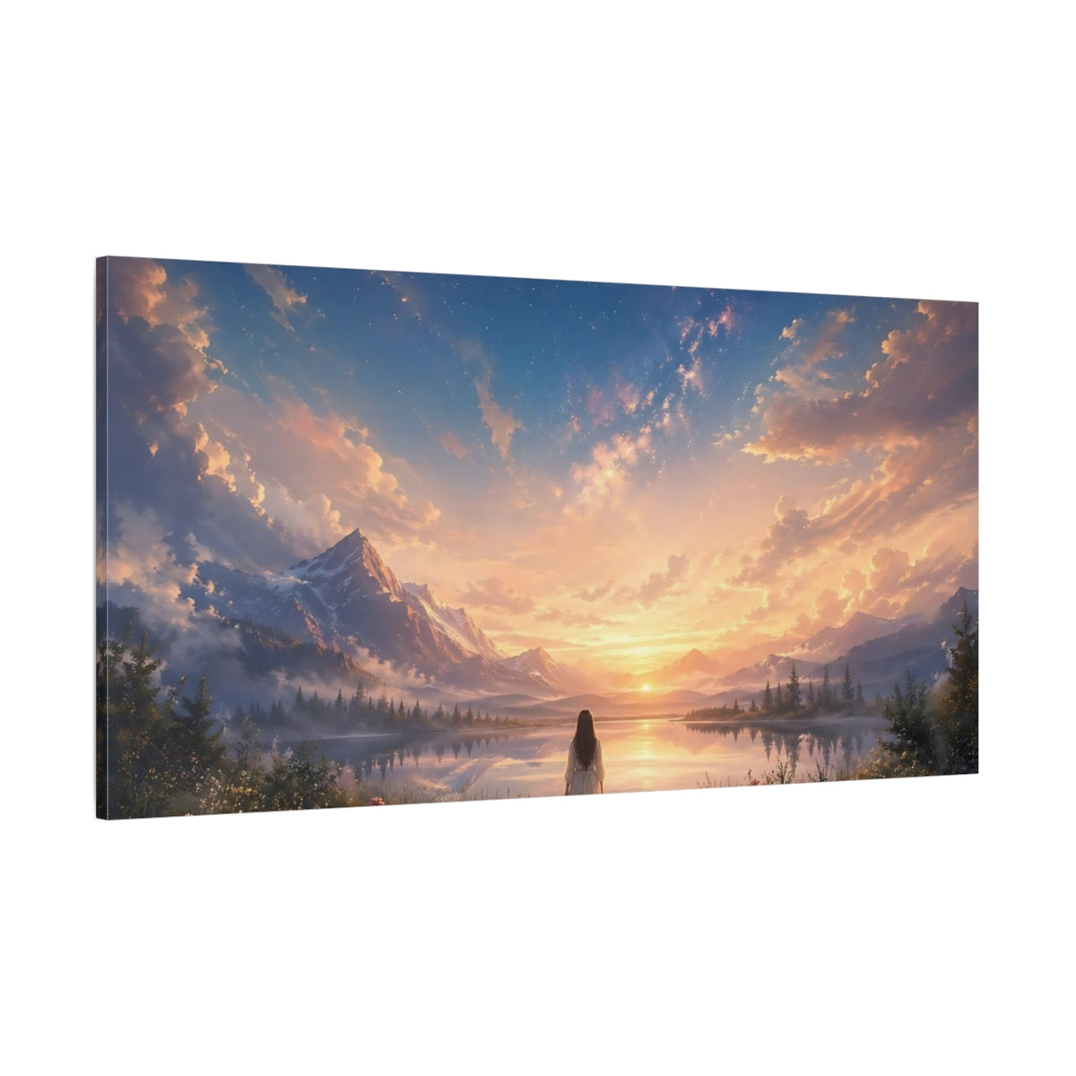 Side Mockup 2. Nature Mountain Lake Sunset Landscape shown as stretched canvas wall art