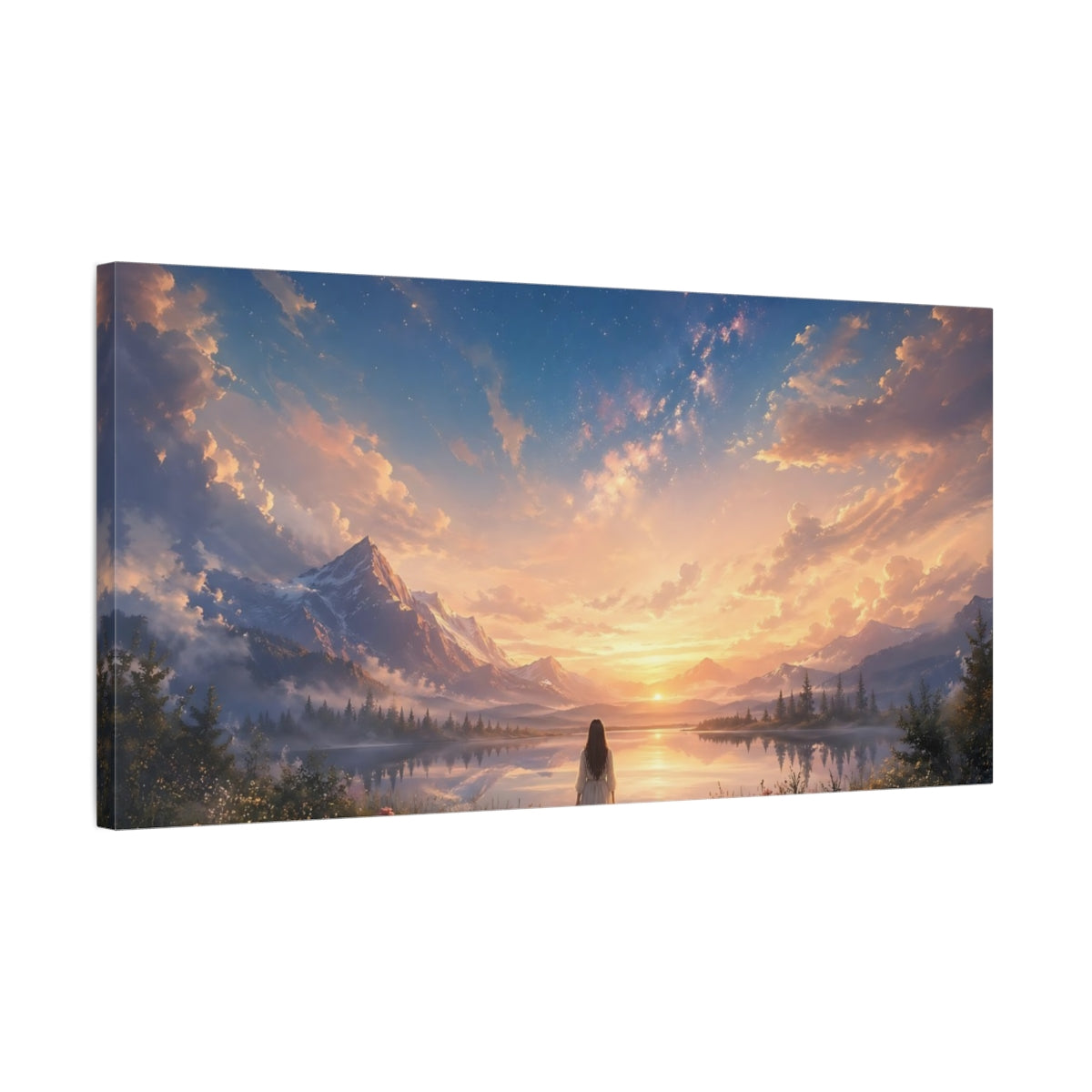 Side Mockup 1. Nature Mountain Lake Sunset Landscape shown as stretched canvas wall art