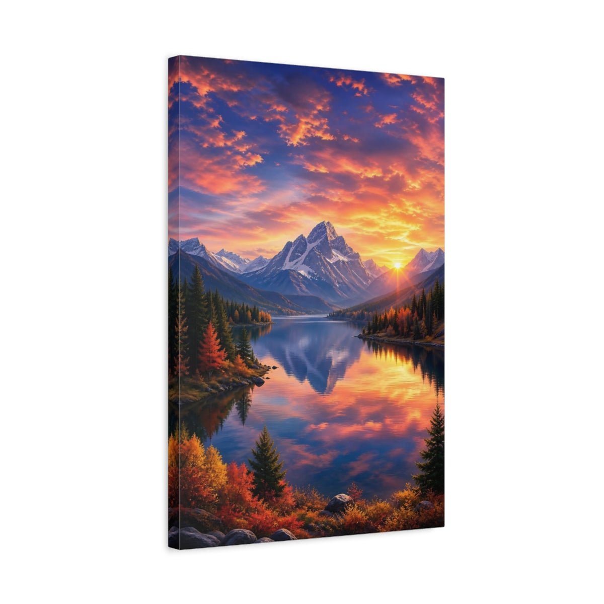 Nature Mountain Lake Sunset Landscape Canvas Print – Living Room, Above Couch, Orange Blue - YesArtYes
