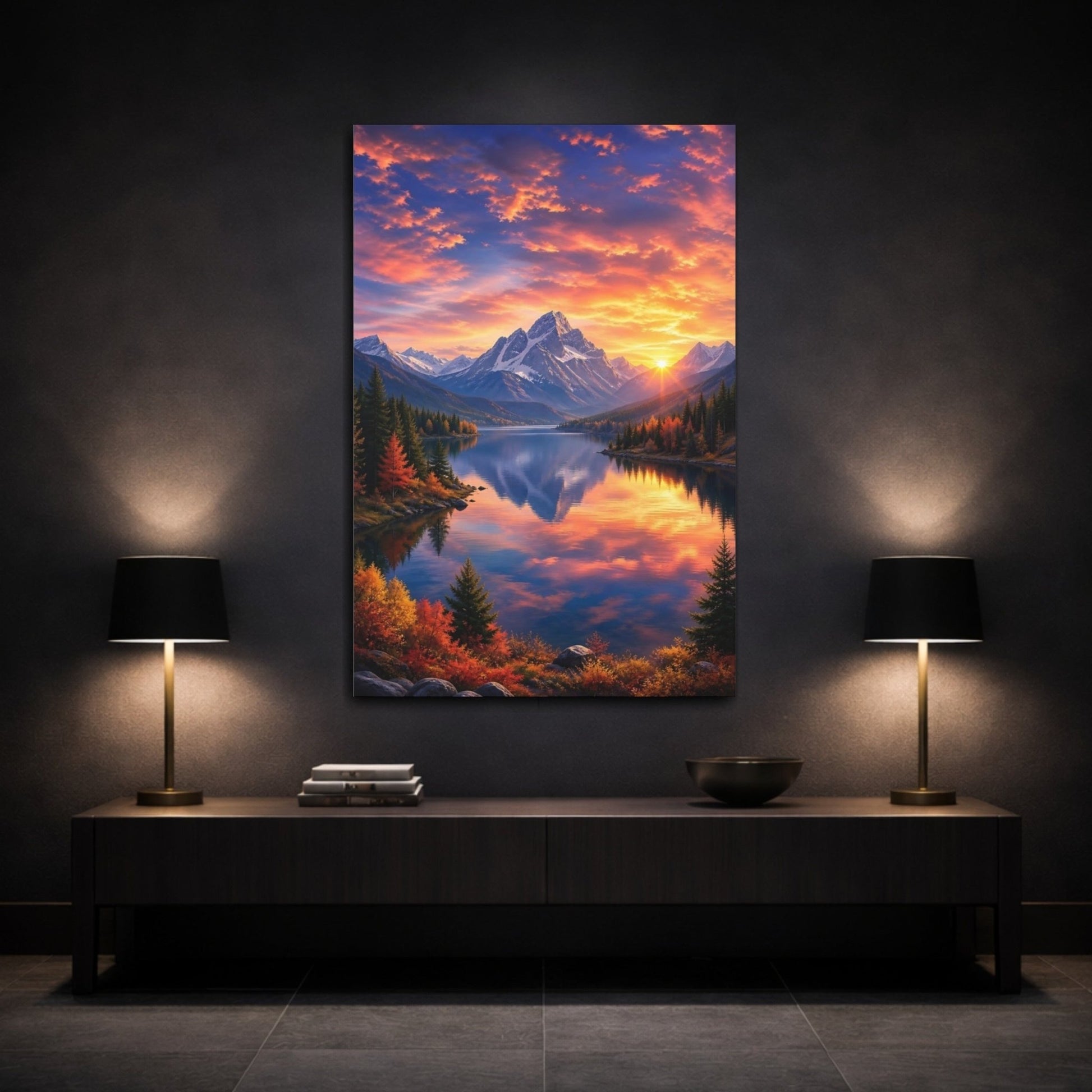 Nature Mountain Lake Sunset Landscape Canvas Print – Living Room, Above Couch, Orange Blue - YesArtYes