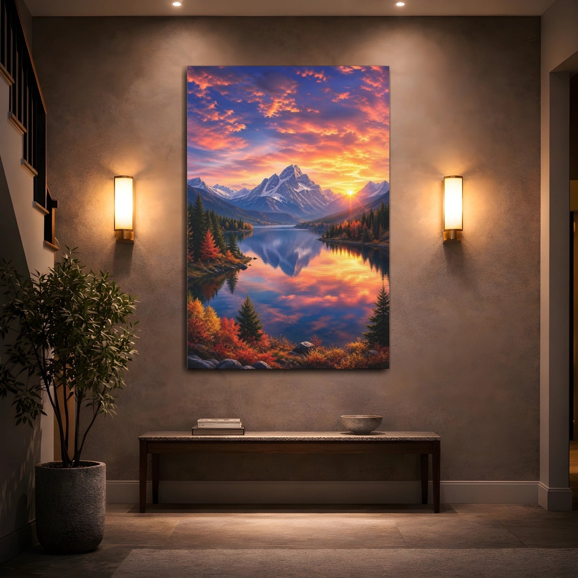 Nature Mountain Lake Sunset Landscape Canvas Print – Living Room, Above Couch, Orange Blue - YesArtYes