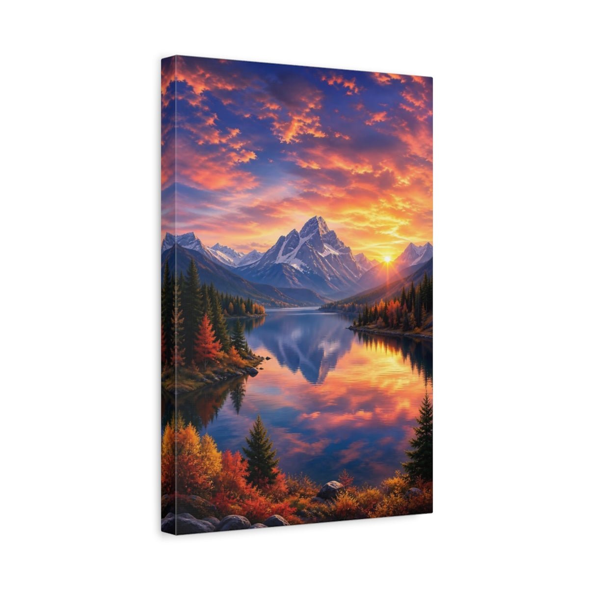Nature Mountain Lake Sunset Landscape Canvas Print – Living Room, Above Couch, Orange Blue - YesArtYes