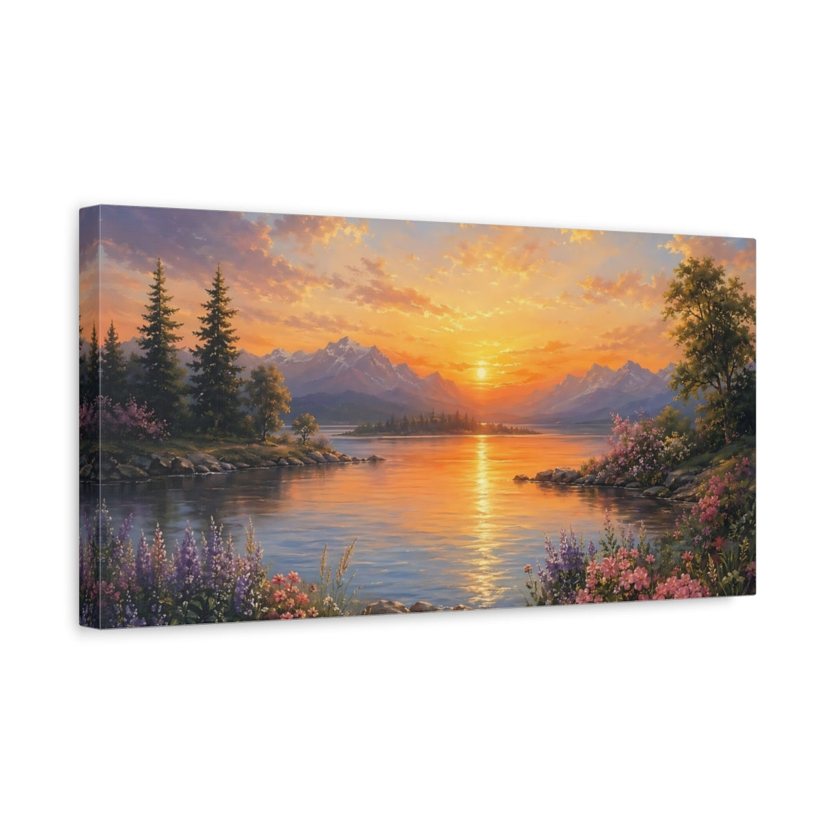 Side Mockup 3. Nature Mountain Lake Sunset Landscape shown as stretched canvas wall art