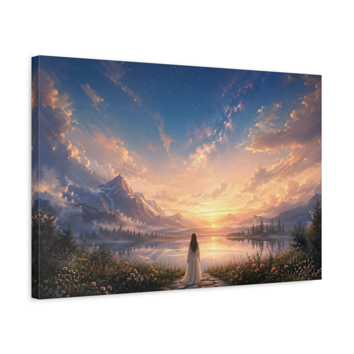 Side Mockup 3. Nature Mountain Lake Sunset Landscape shown as stretched canvas wall art
