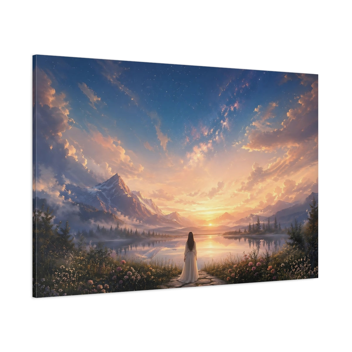 Side Mockup 1. Nature Mountain Lake Sunset Landscape shown as stretched canvas wall art