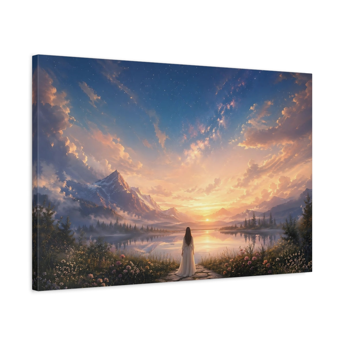 Side Mockup 2. Nature Mountain Lake Sunset Landscape shown as stretched canvas wall art