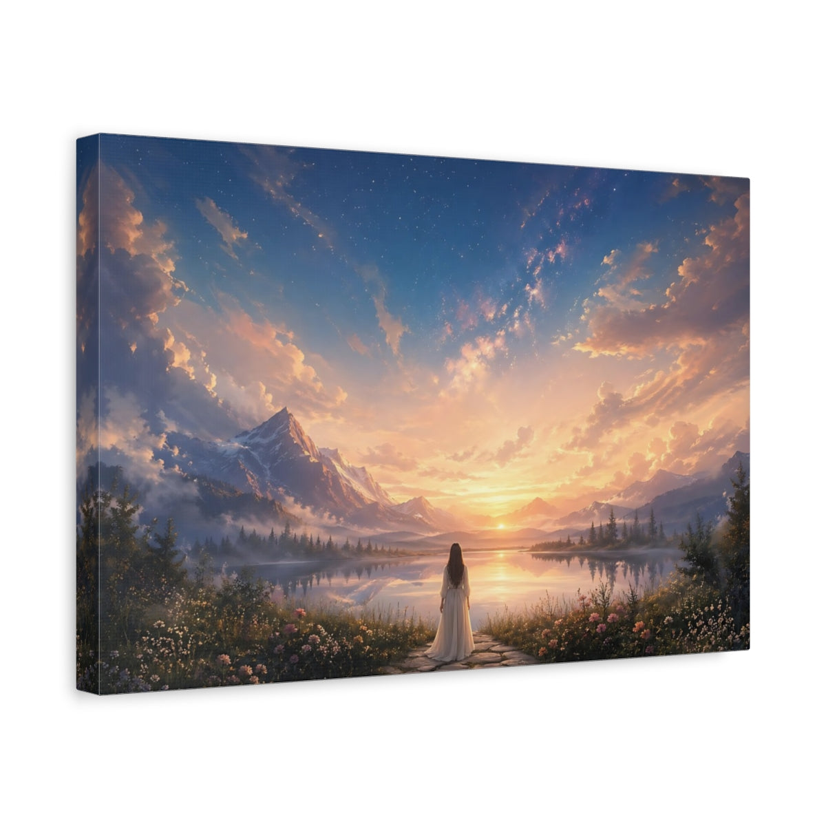 Side Mockup 4. Nature Mountain Lake Sunset Landscape shown as stretched canvas wall art