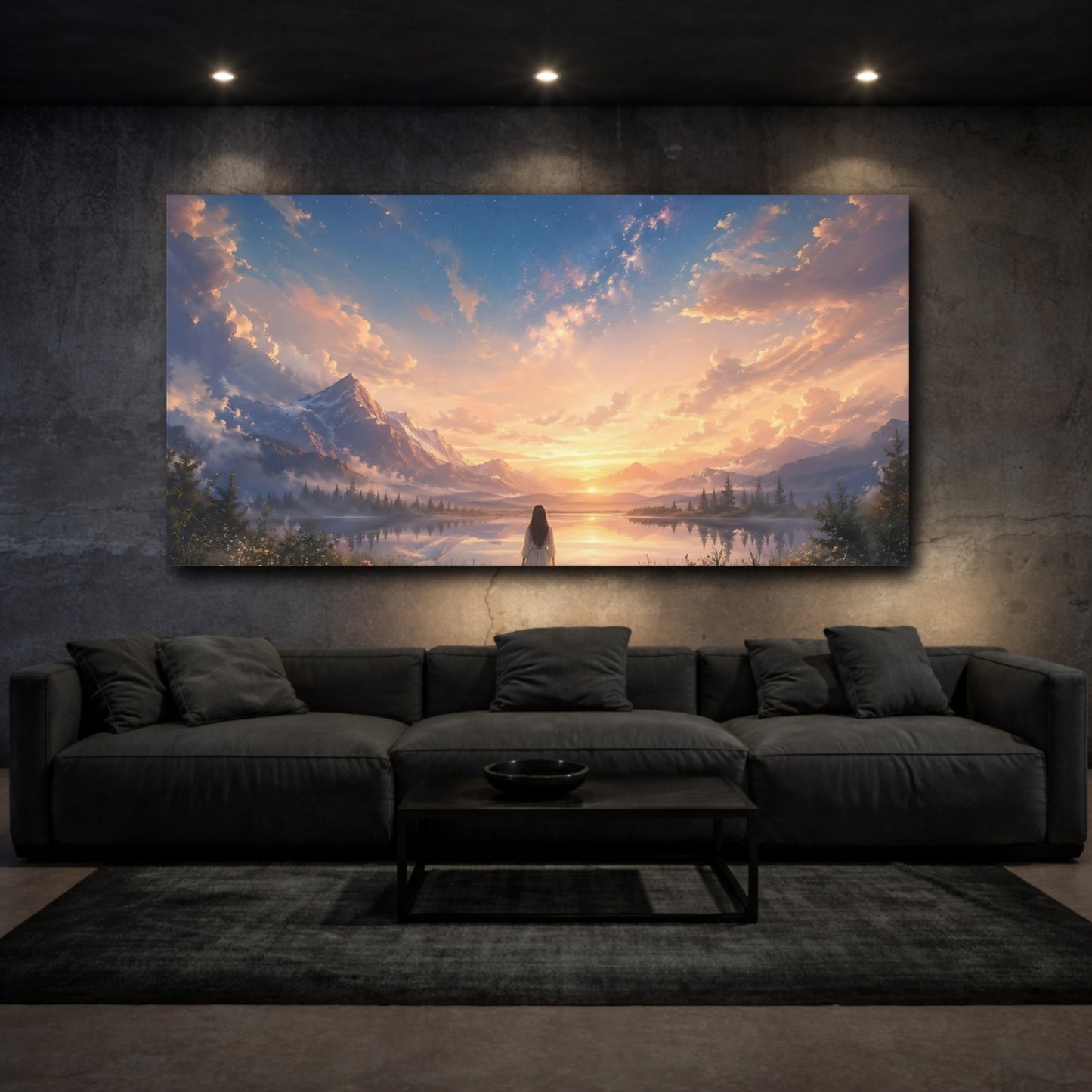 Mockup 2. Nature Mountain Lake Sunset Landscape shown as stretched canvas wall art