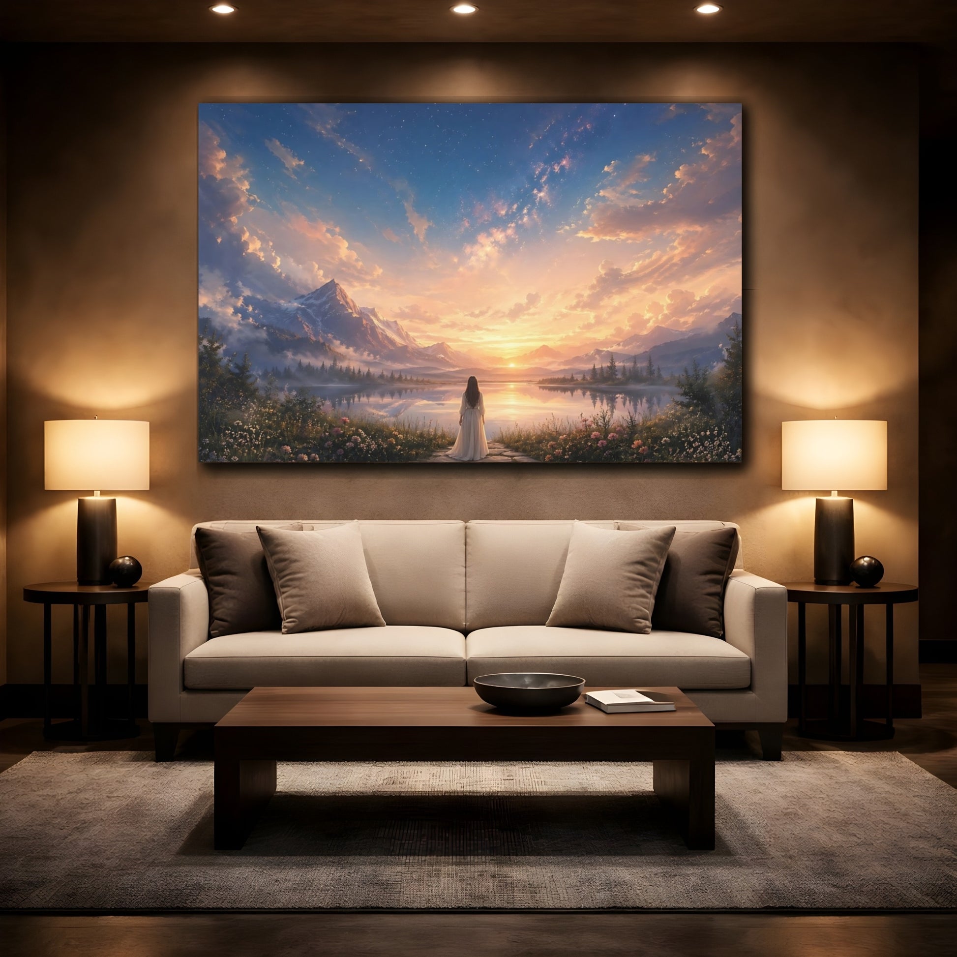 Mockup 2. Nature Mountain Lake Sunset Landscape shown as stretched canvas wall art