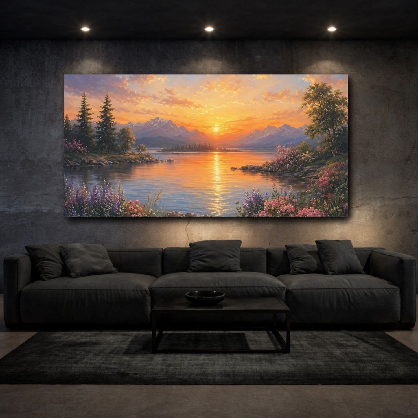 Mockup 2. Nature Mountain Lake Sunset Landscape shown as stretched canvas wall art