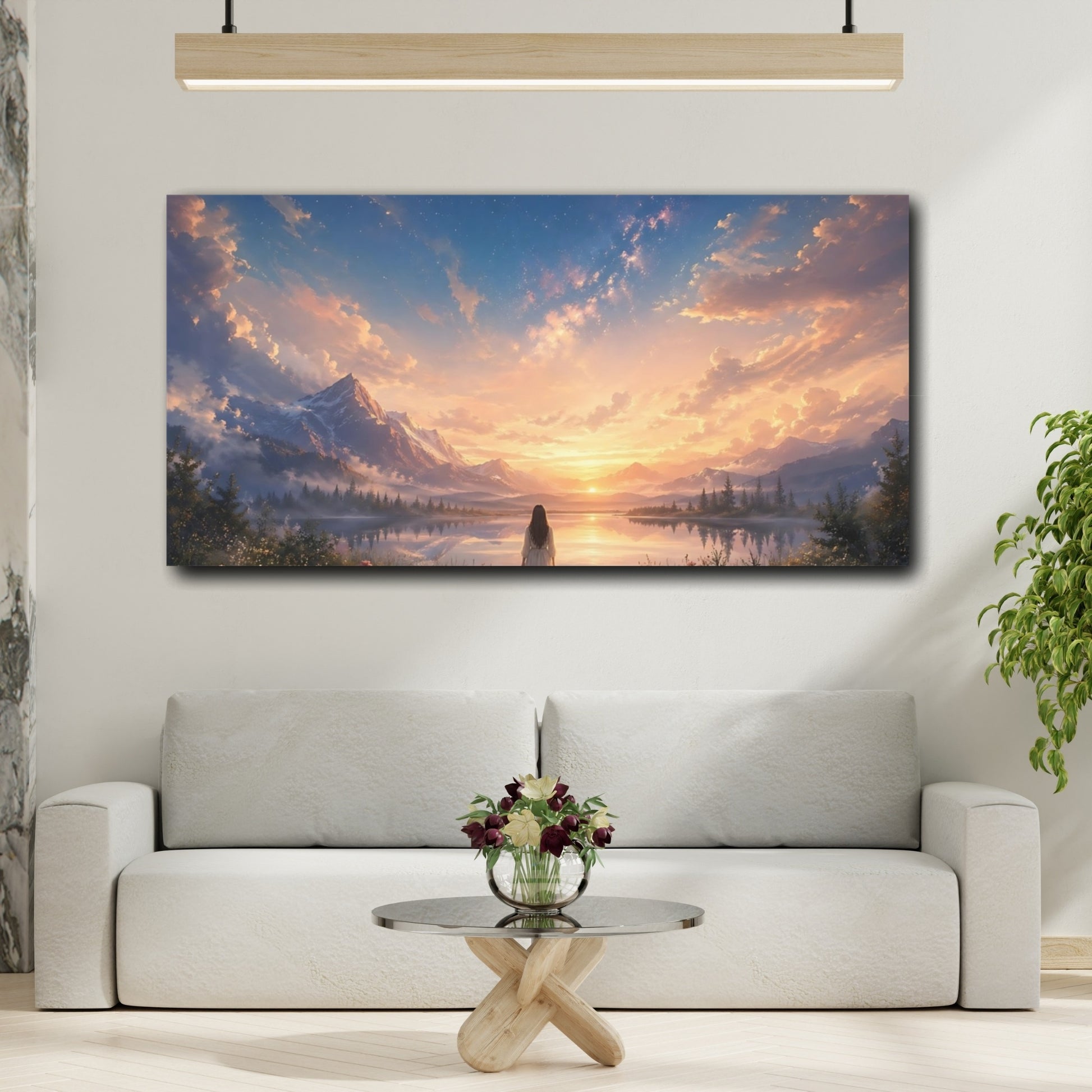 Mockup 3. Nature Mountain Lake Sunset Landscape shown as stretched canvas wall art