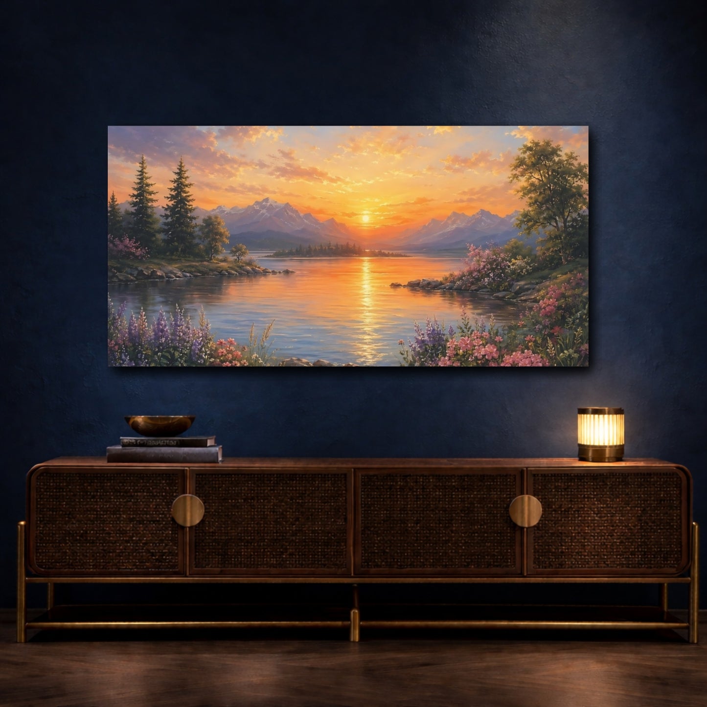 Mockup 3. Nature Mountain Lake Sunset Landscape shown as stretched canvas wall art