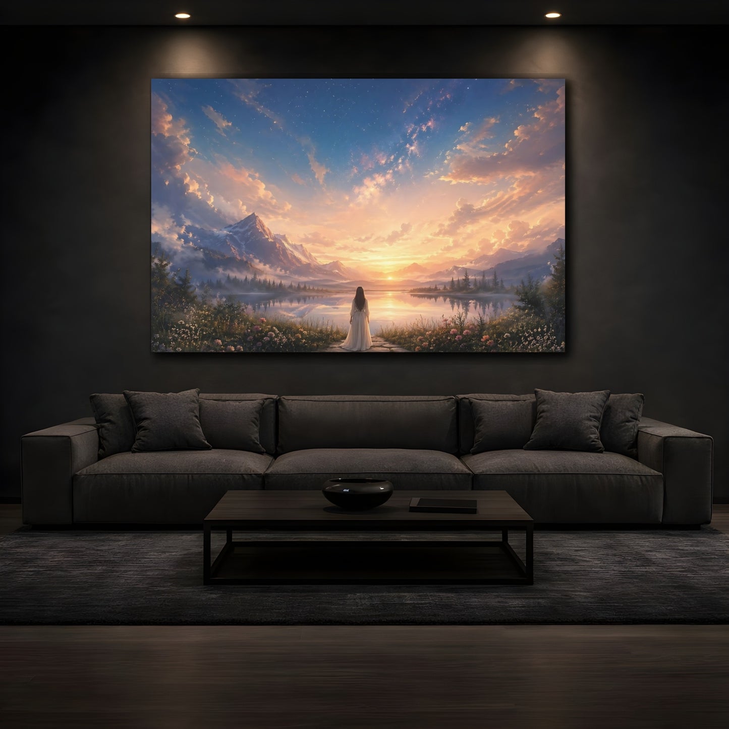 Mockup 3. Nature Mountain Lake Sunset Landscape shown as stretched canvas wall art