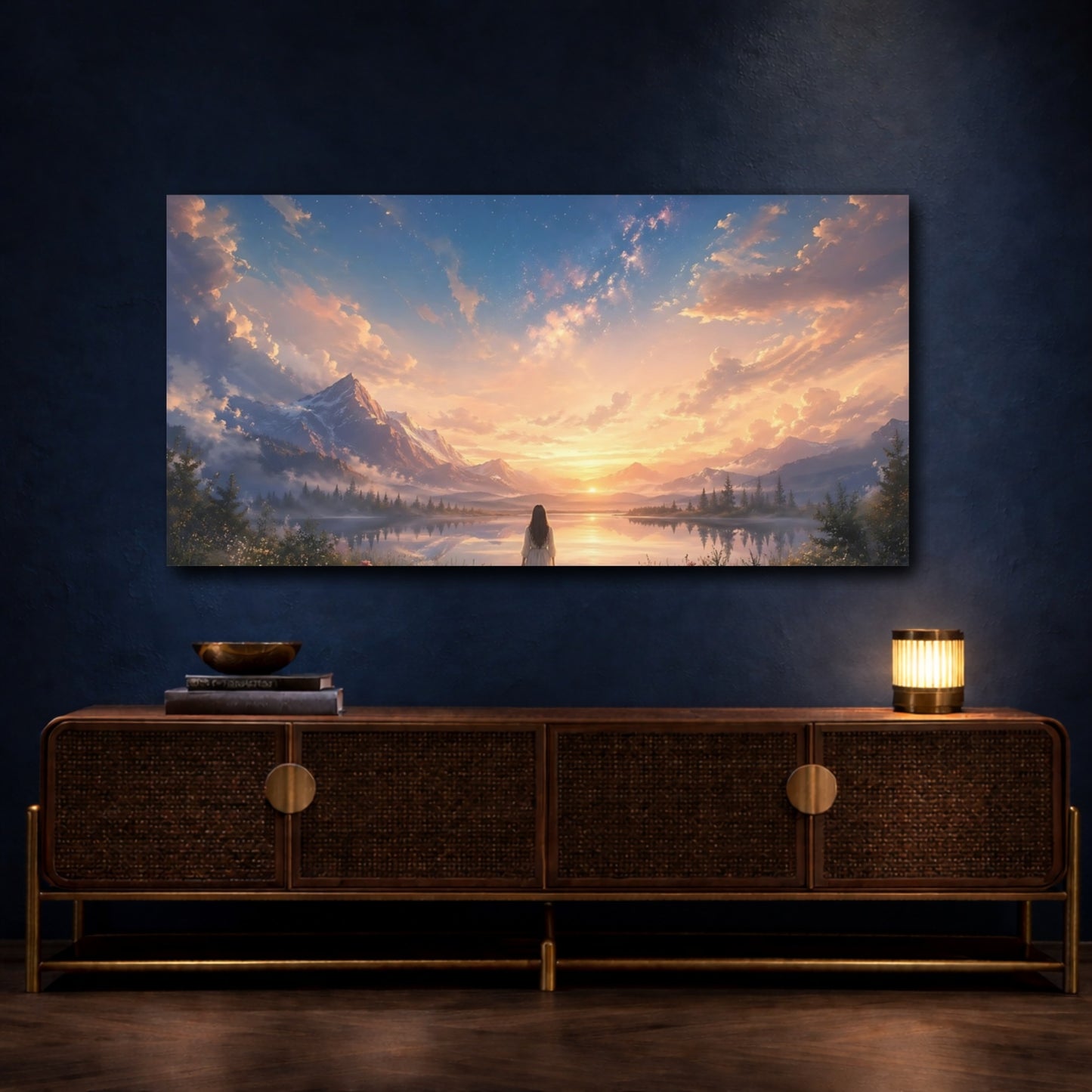 Mockup 4. Nature Mountain Lake Sunset Landscape shown as stretched canvas wall art
