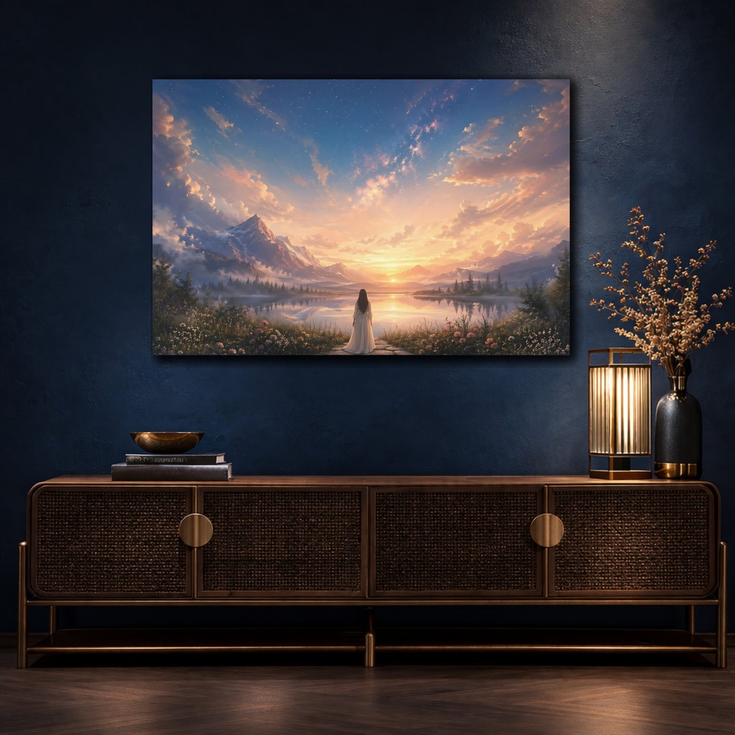 Mockup 4. Nature Mountain Lake Sunset Landscape shown as stretched canvas wall art