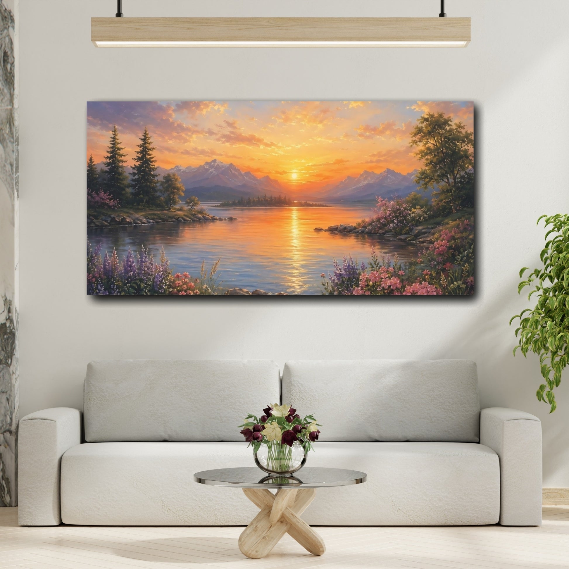 Mockup 4. Nature Mountain Lake Sunset Landscape shown as stretched canvas wall art