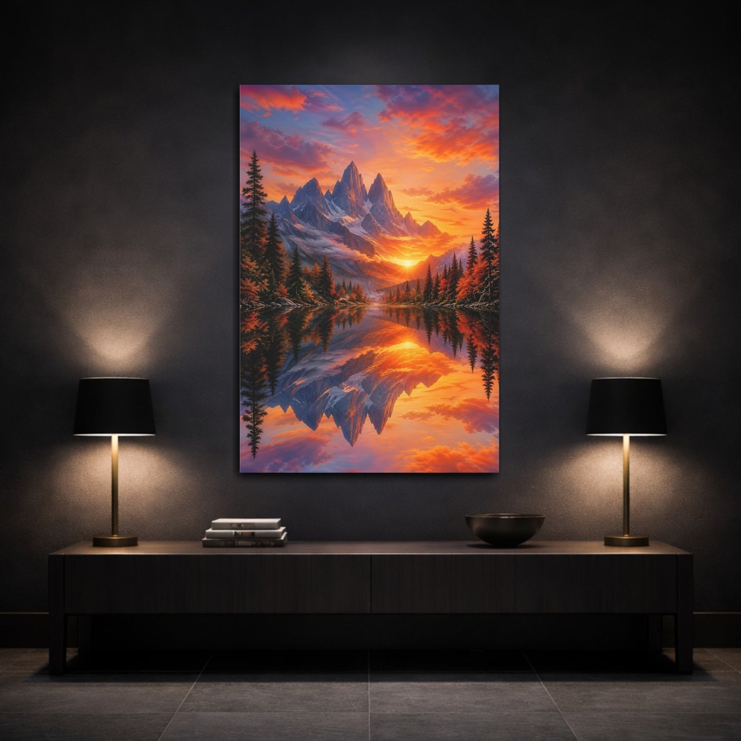 Mockup 3. Nature Mountain Lake Sunset Mountain Lake shown as stretched canvas wall art