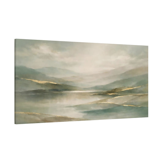 Main Mockup. Nature Mountain Lake Teal Gold Landscape shown as stretched canvas wall art