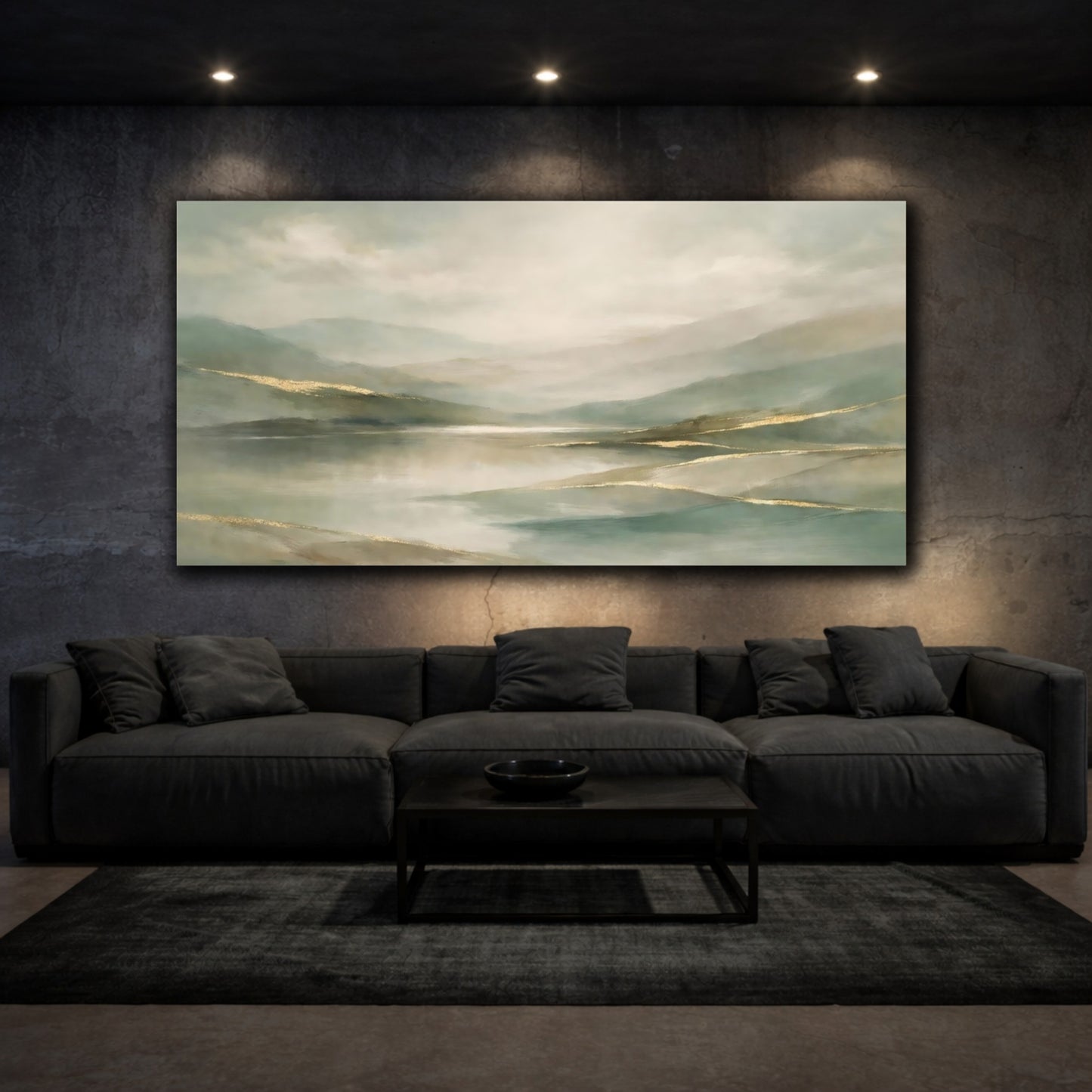 Mockup 2. Nature Mountain Lake Teal Gold Landscape shown as stretched canvas wall art
