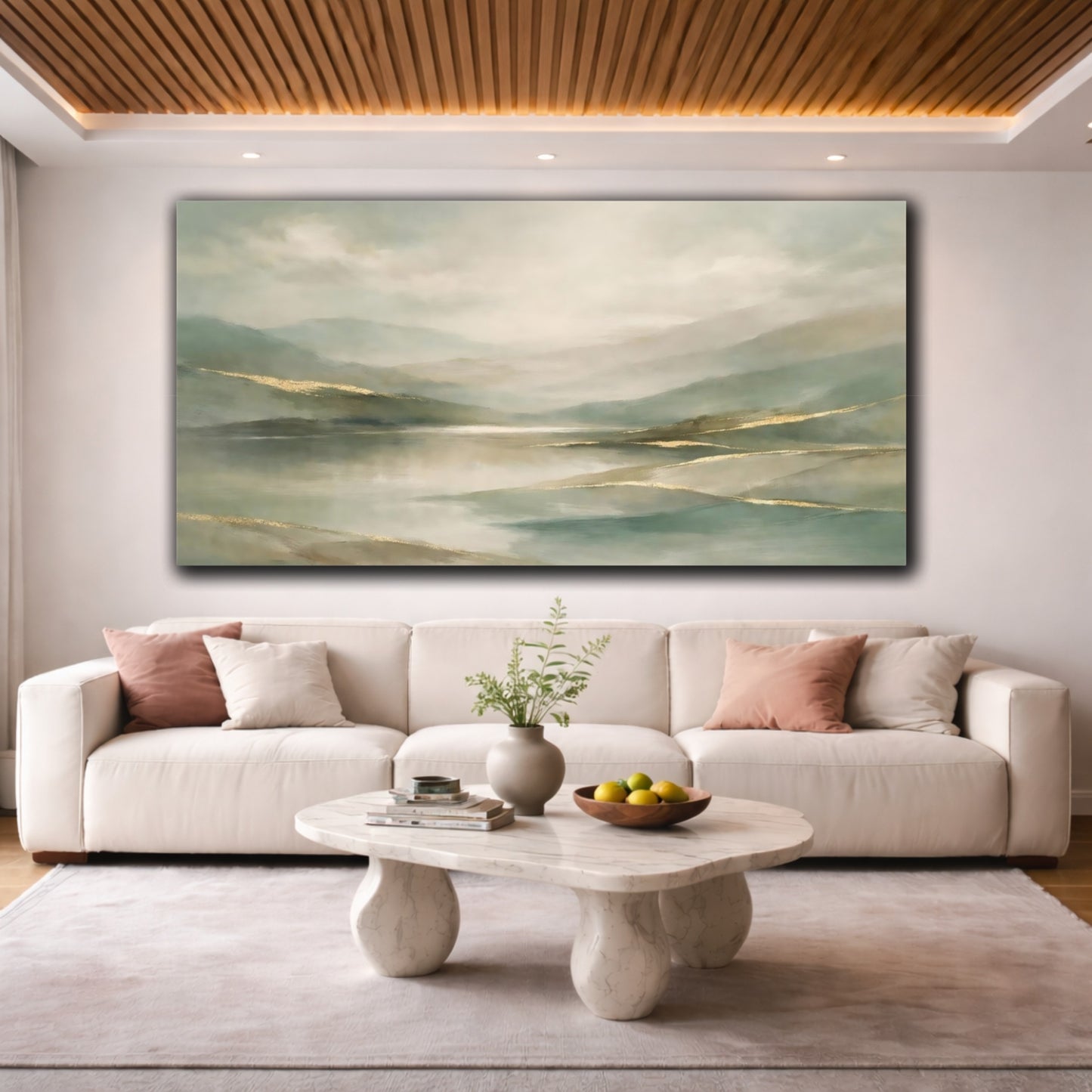 Mockup 3. Nature Mountain Lake Teal Gold Landscape shown as stretched canvas wall art