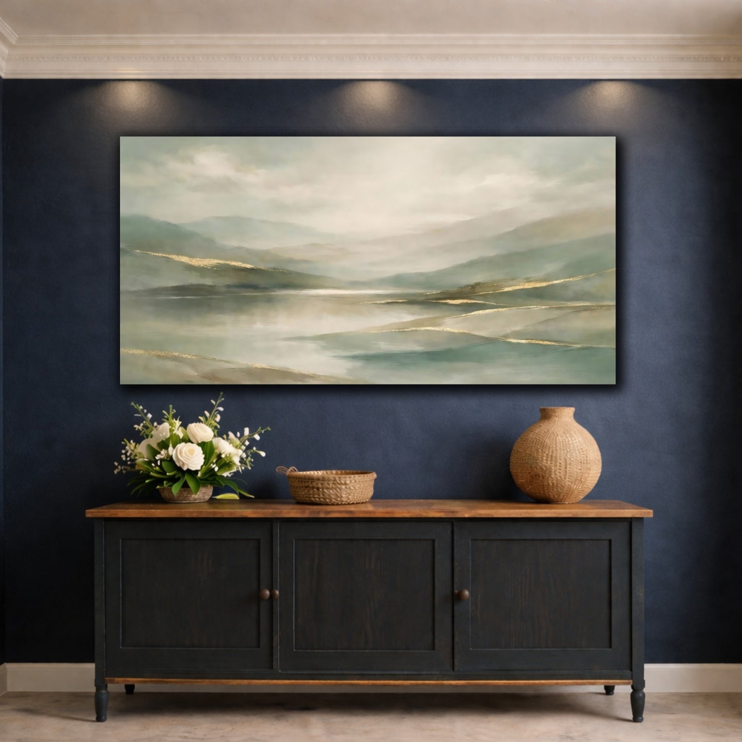 Mockup 4. Nature Mountain Lake Teal Gold Landscape shown as stretched canvas wall art