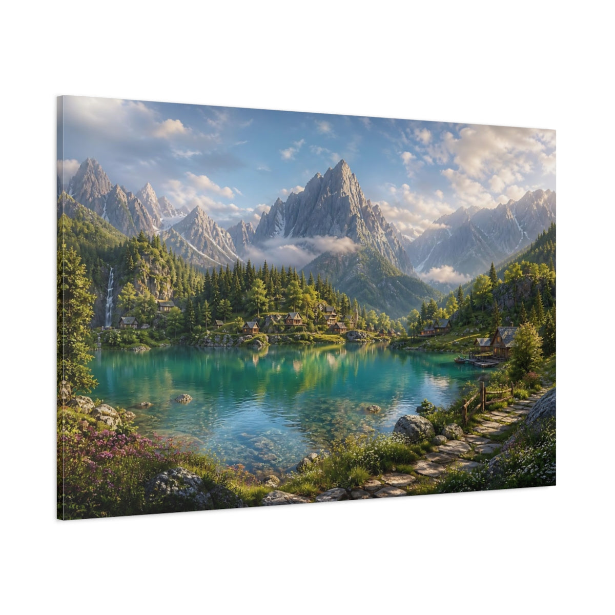 Side Mockup 1. Nature Mountain Lake Turquoise Mountain Lake shown as stretched canvas wall art